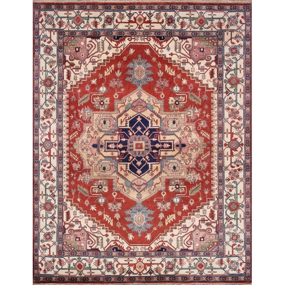 Pasargad Home Serapi 9' x 12' Hand-Knotted Wool Rust/Ivory Rug - All Ages, Indoors