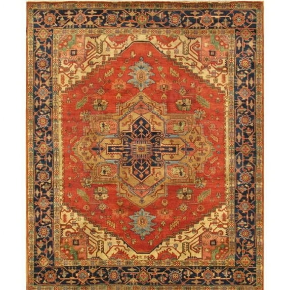 Pasargad Home Serapi 9' x 9' Hand-Knotted Wool Rust/Navy Square Rug - All Ages, Indoors