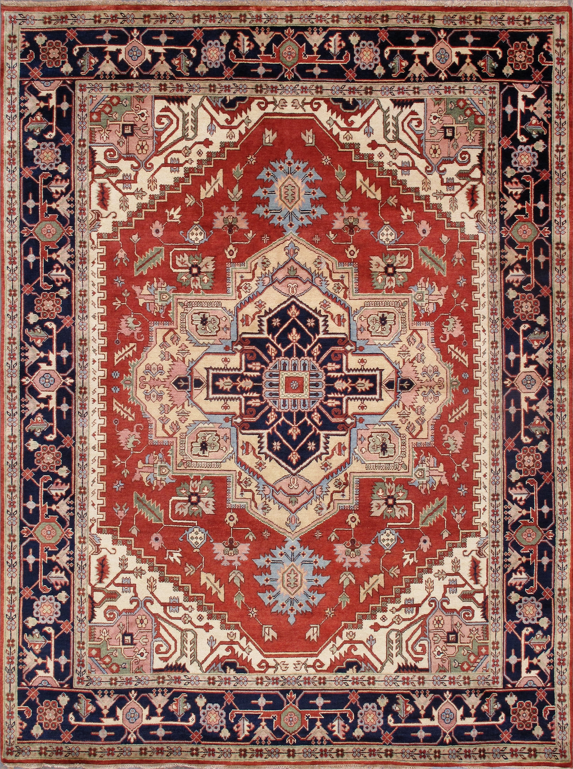 Rust and Navy Hand-Knotted Wool 8' x 10' Oriental Rug