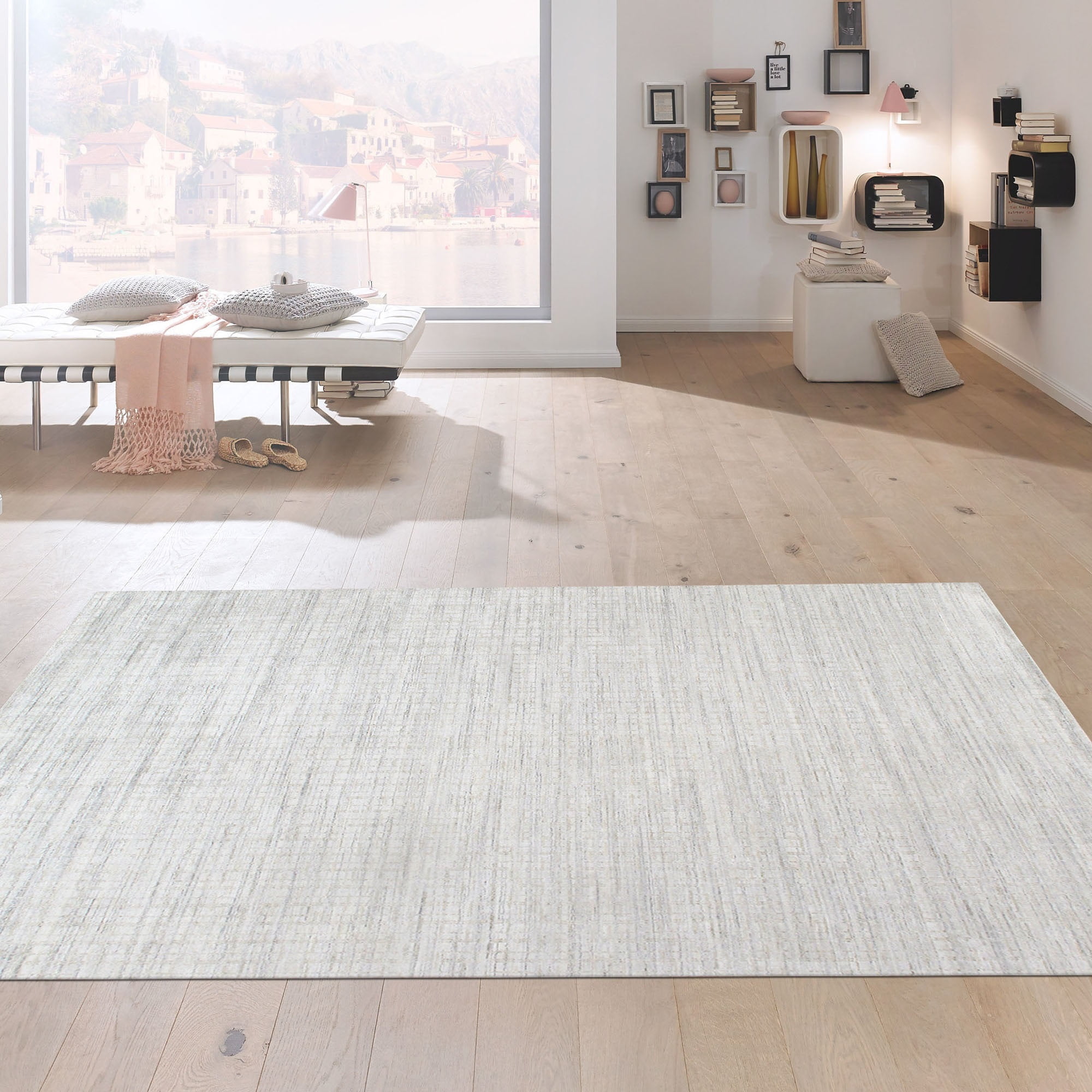 Hand-Loomed Ivory and Blue Wool Silk Area Rug, 10' x 14'