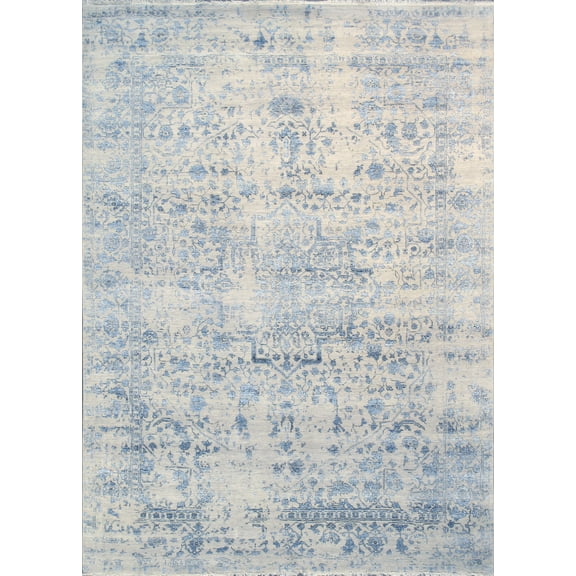 Pasargad Home Transitional Collection Hand Knotted Bsilk & Wool Area Rug, 8' 5" X 11' 8", Silver/Blue