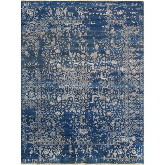 Pasargad Home Transitional Collection Hand Knotted Bsilk & Wool Area Rug - Blue/Silver - 9' 0' X 11'10'