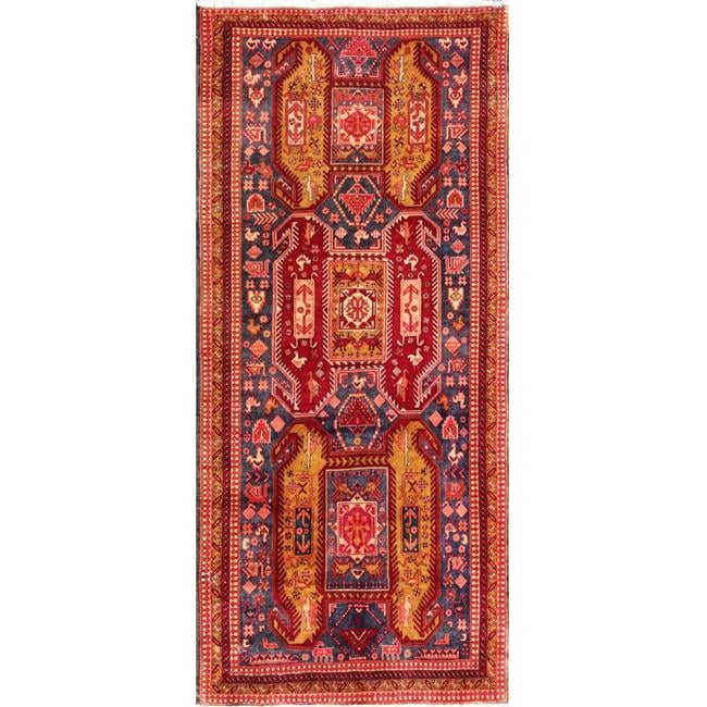 Vintage Red and Yellow Hand-Knotted Wool Runner Rug