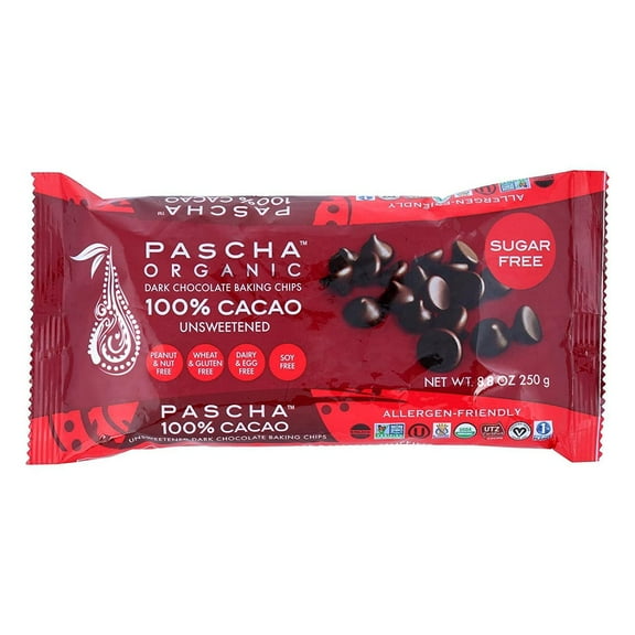 Pascha Organic Dark Chocolate Baking Chips 100% Cacao Unsweetened -- 8.8 oz Pack of 4