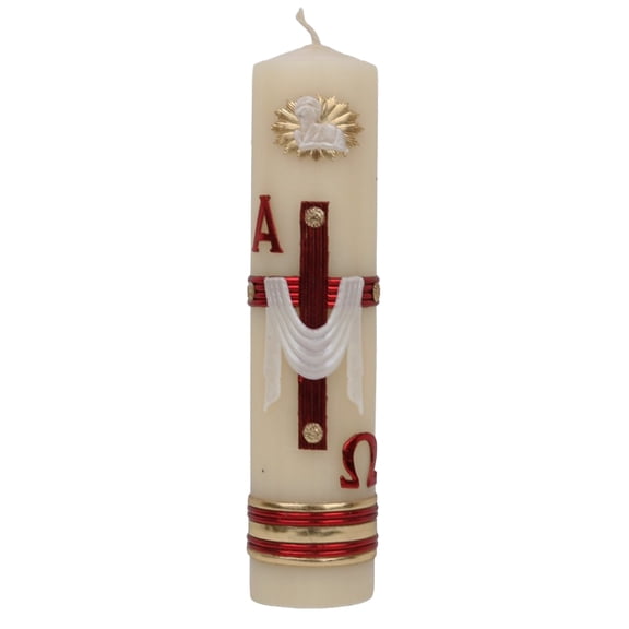 Paschal Candle, Ivory Beeswax & Paraffin, 8x2 Inch, Alpha & Omega Cross/Drape Design, Easter Lent Holy Week