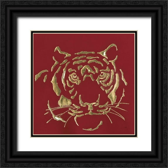 Paschke, Chris 12x12 Black Ornate Wood Framed with Double Matting Museum Art Print Titled - Gilded Tiger on Red
