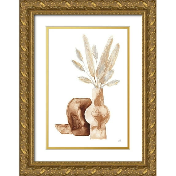 Paschke, Chris 13x18 Gold Ornate Wood Framed with Double Matting Museum Art Print Titled - Earthy Vase Gray Bunny Tail