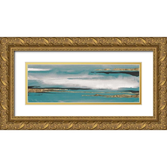 Paschke, Chris 24x11 Gold Ornate Wood Framed with Double Matting Museum Art Print Titled - Gilded Storm I Teal Grey Crop