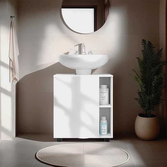 Pascuale Two Side Shelves Under Sink Cabinet with One Door, Cut-Out Back, Compact 22”