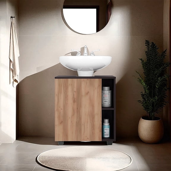 Pascuale Two Side Shelves Under Sink Cabinet with One Door, Cut-Out Back, Compact 22”