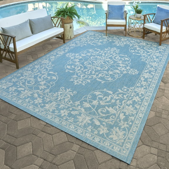 Paseo 5' x 7' Blue and White Outdoor Rug
