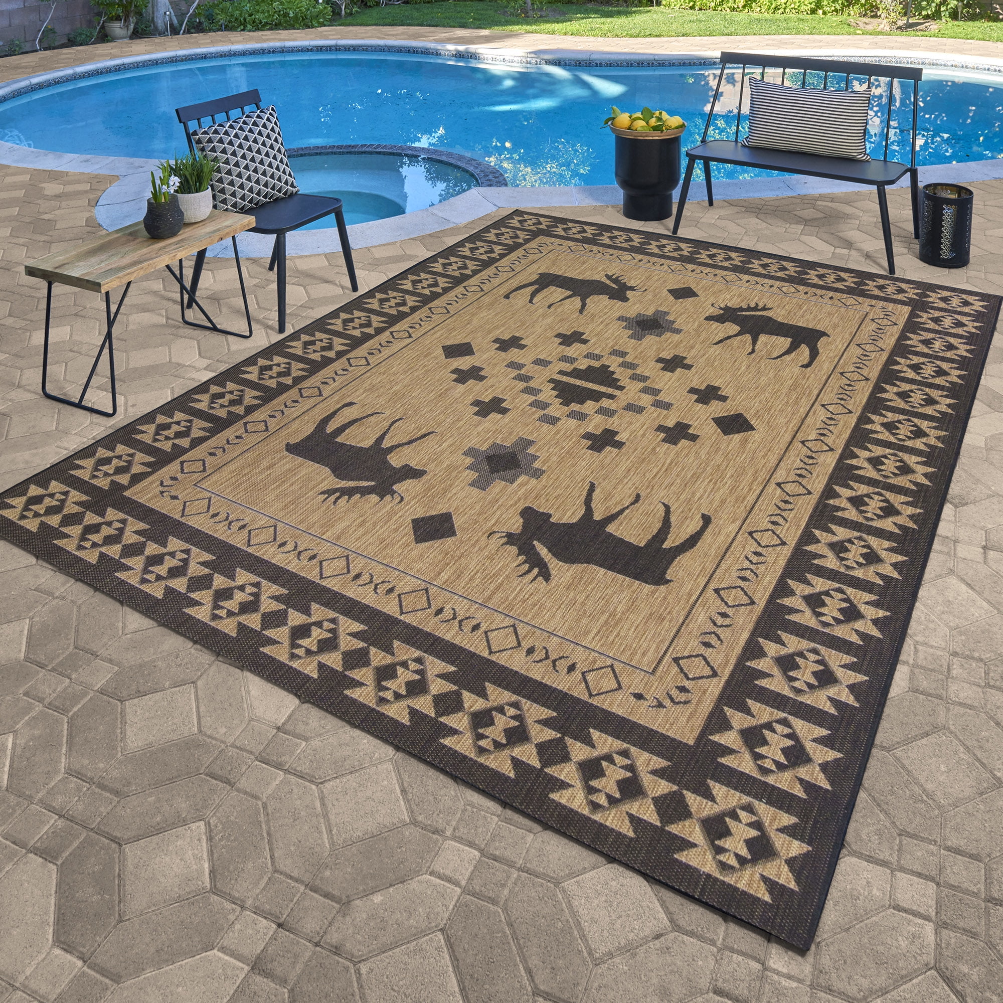 Paseo 5' x 7' Brown and Black Animal Print Outdoor Rug