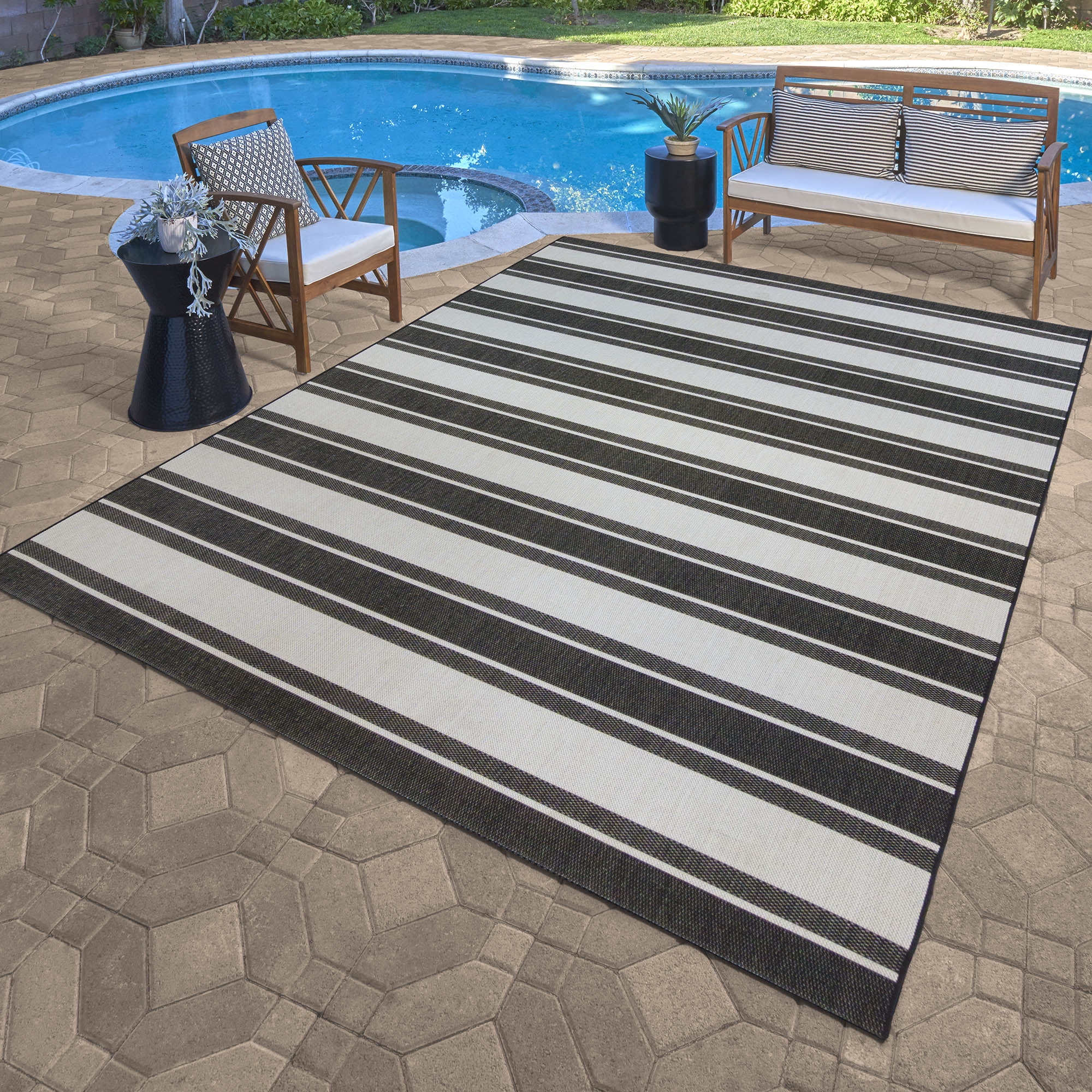 Paseo 9' x 13' Black and White Stripes Outdoor Rug