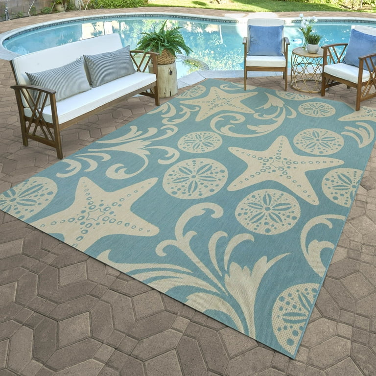 Paseo 9 x 13 Blue and Beige Starfish Outdoor Rug Walmart