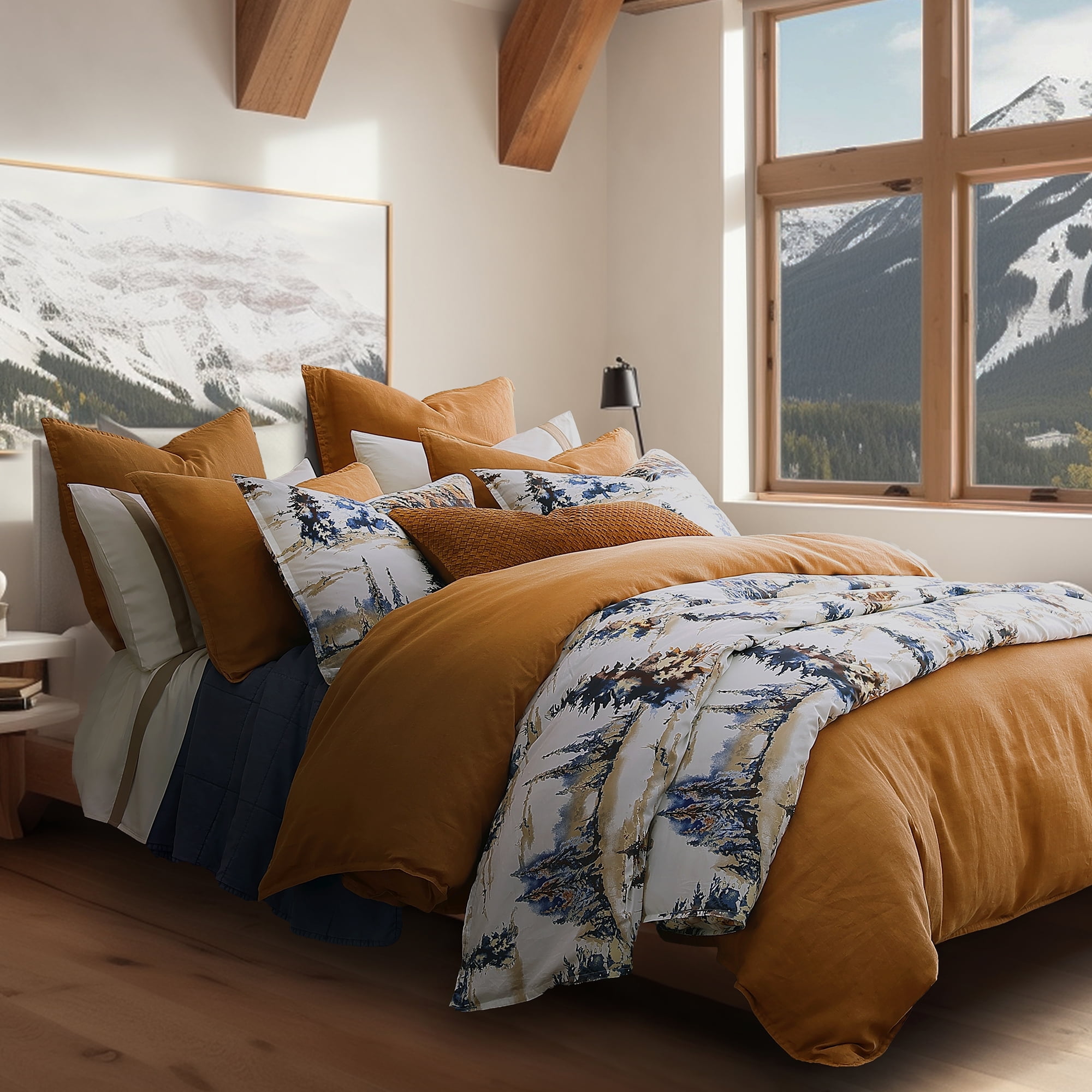Acadia Blue and Gold Reversible Cotton Queen Comforter Set