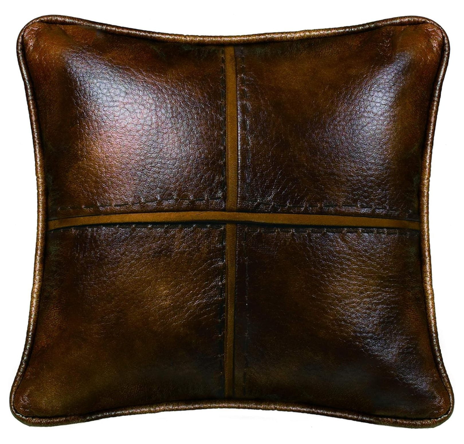 Brown Faux Leather Embroidered Square Throw Pillow