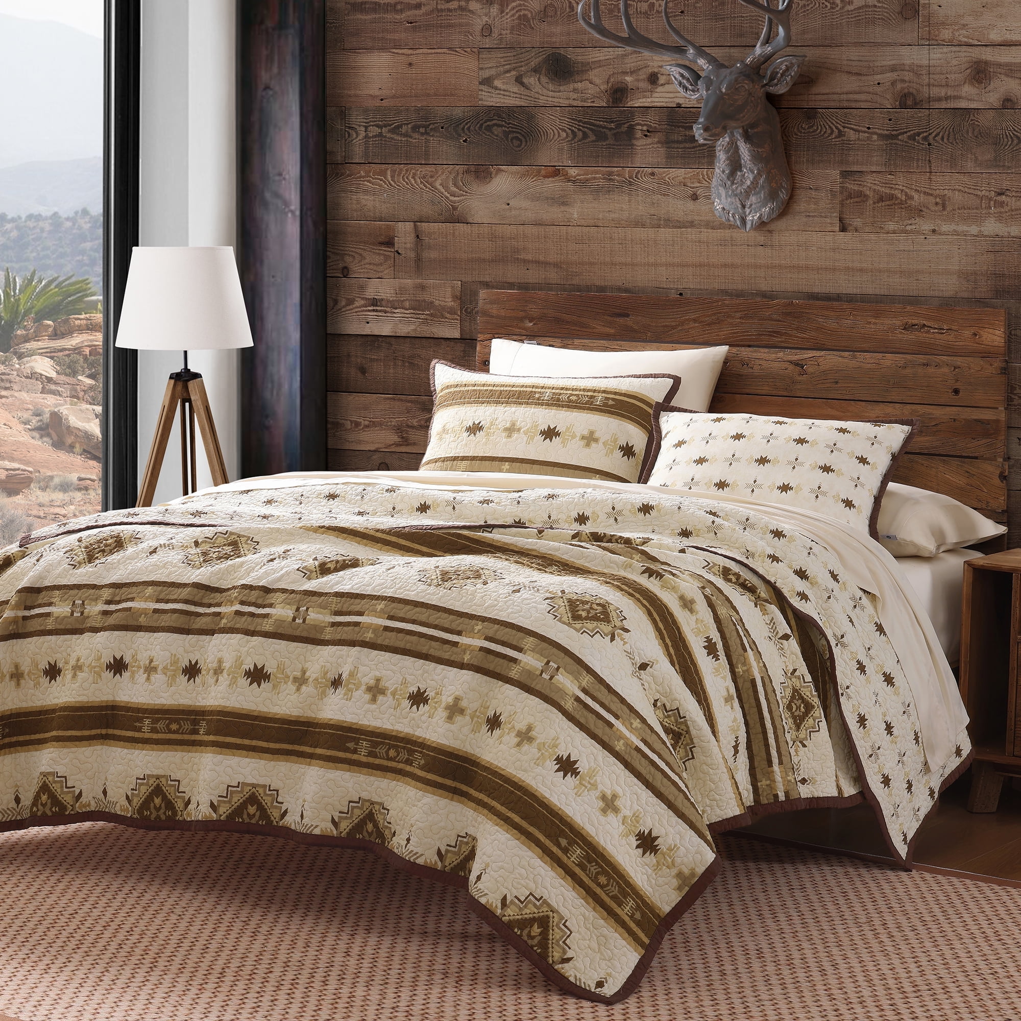 King Size Brown Cotton Reversible Quilt Set with Pillow Shams
