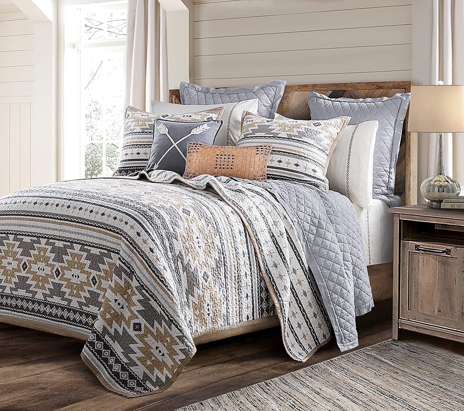 Gray and Tan Cotton Aztec Twin Reversible Quilt Set