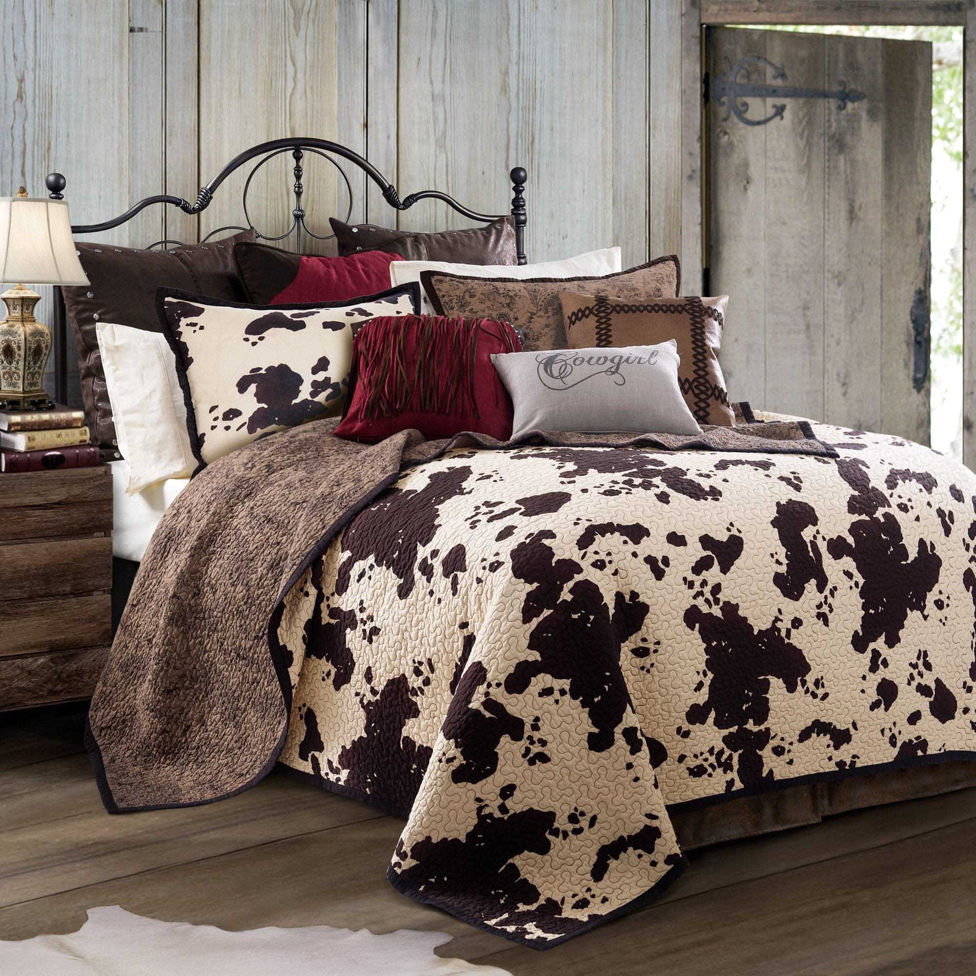 Twin Brown Cotton Reversible Cowhide Print Quilt Set