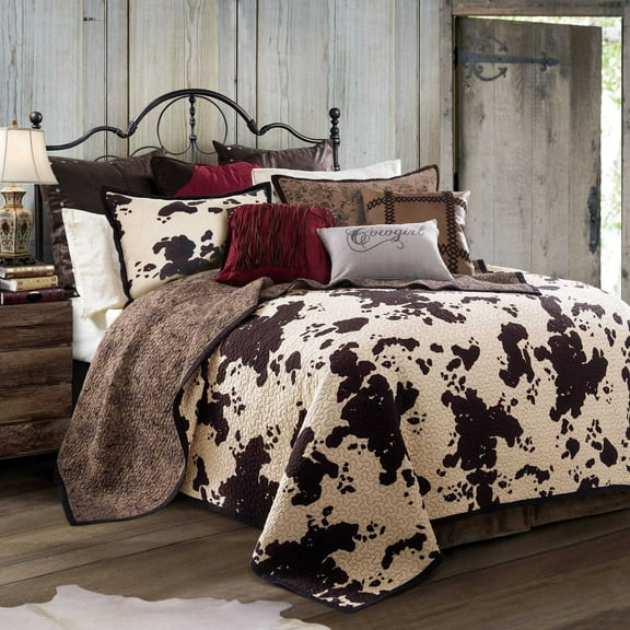 Paseo Road Elsa Cowhide 3 Piece Brown Cow Print Reversible Cotton Quilt Set, Western Bedding, King