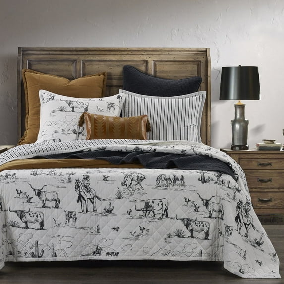 Paseo Road Ranch Life 2 Piece Longhorn Cow Reversible Cotton Quilt Set, Western Bedding, Twin