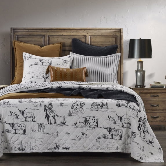 Paseo Road Ranch Life 3 Piece Longhorn Cow Reversible Cotton Quilt Set, Western Bedding, King
