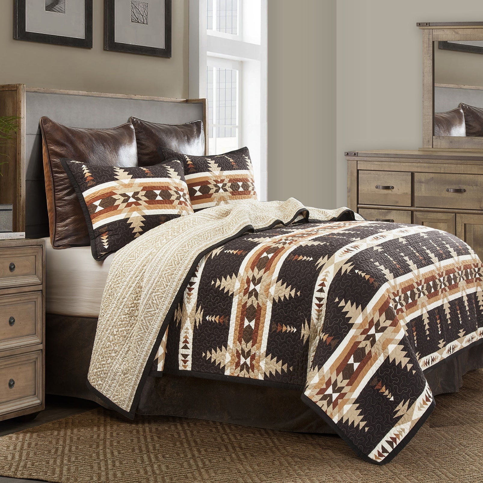 Yosemite Twin Black and Tan Cotton Reversible Quilt Set