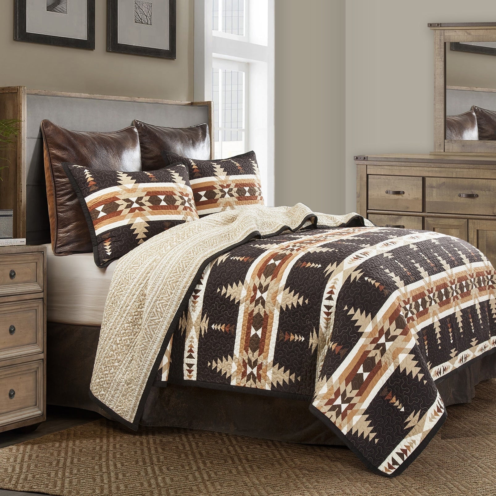 King Black and Tan Reversible Cotton Quilt Set