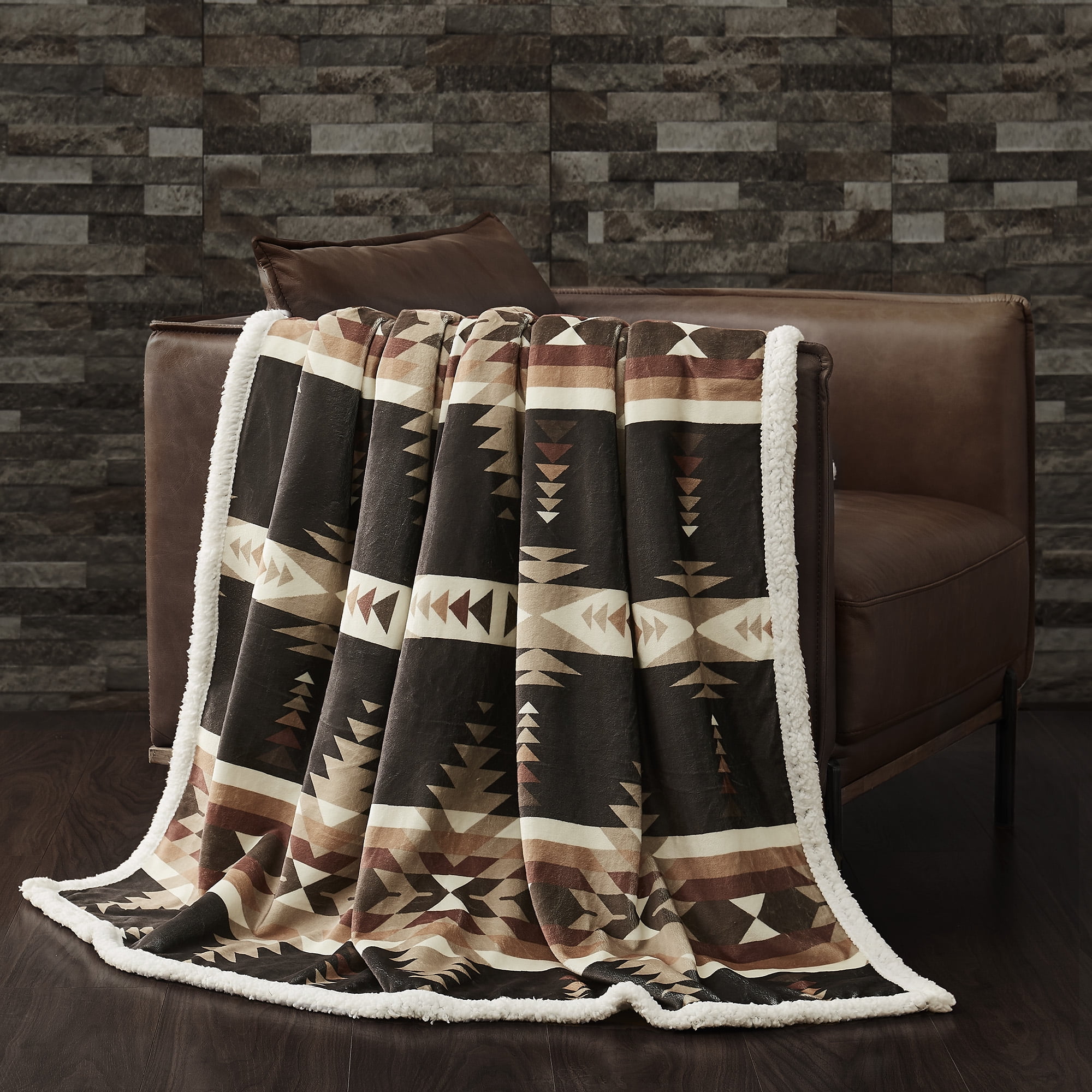 Southwestern Aztec Black and Brown Sherpa Fleece Throw Blanket, 54x68 inch