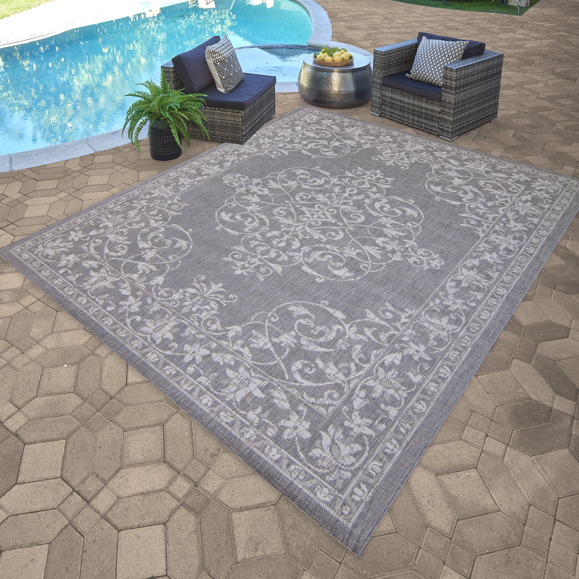 Gray and Cream Synthetic Flat Woven Reversible Rug, 5' x 7'