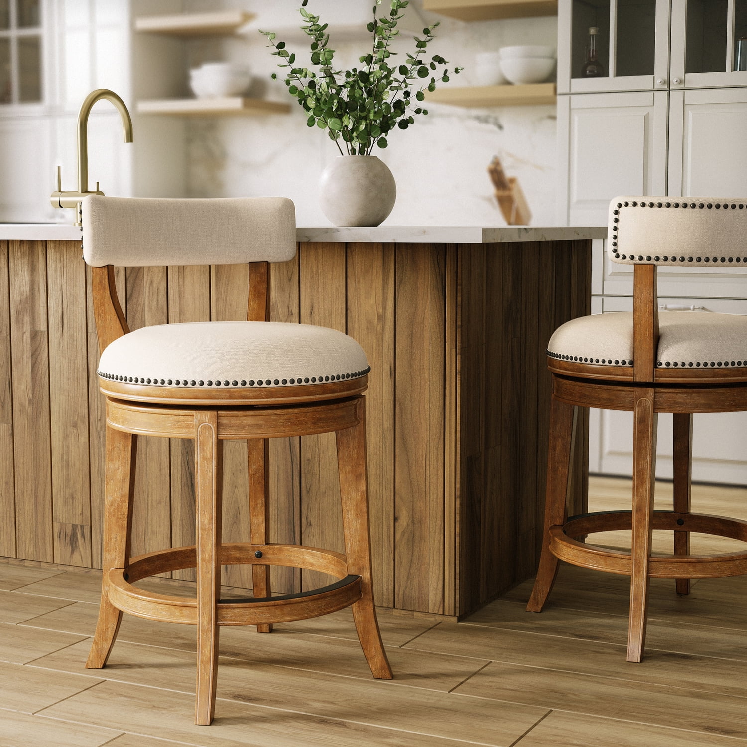 Pasha 26" Pecan Wood Swivel Bar Stool with Linen Seat