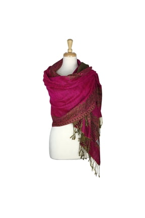 Reversible Women's Border Pattern Double Layered Shawl Scarf Wrap, Pink