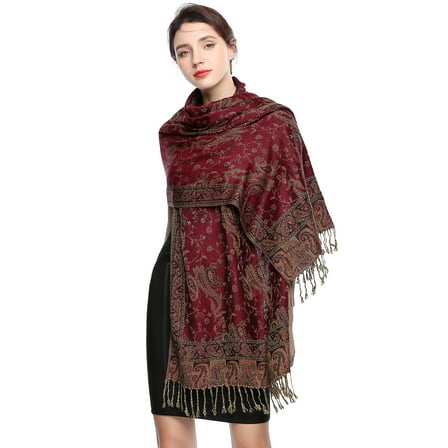 Pashmina Scarf Rave Women Scarves Luxury Paisley Shawl with Fringe Reversible Large Blanket Wrap 78.5" X27.5"(Date Red)