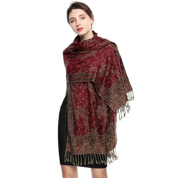 Pashmina Scarf Rave Women Scarves Luxury Paisley Shawl with Fringe Reversible Large Blanket Wrap 78.5" X27.5"(Date Red)