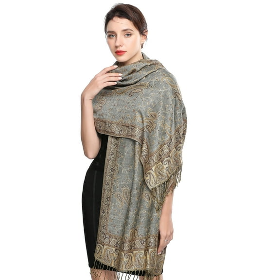 Pashmina Scarf Rave Women Scarves Luxury Paisley Shawl with Fringe Reversible Large Blanket Wrap 78.5" X27.5"(Deep Gold Grey)