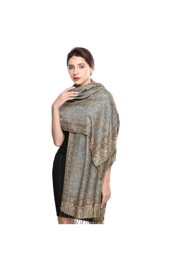Pashmina Scarf Rave Women Scarves Luxury Paisley Shawl with Fringe Reversible Large Blanket Wrap 78.5" X27.5"(Deep Gold Grey)
