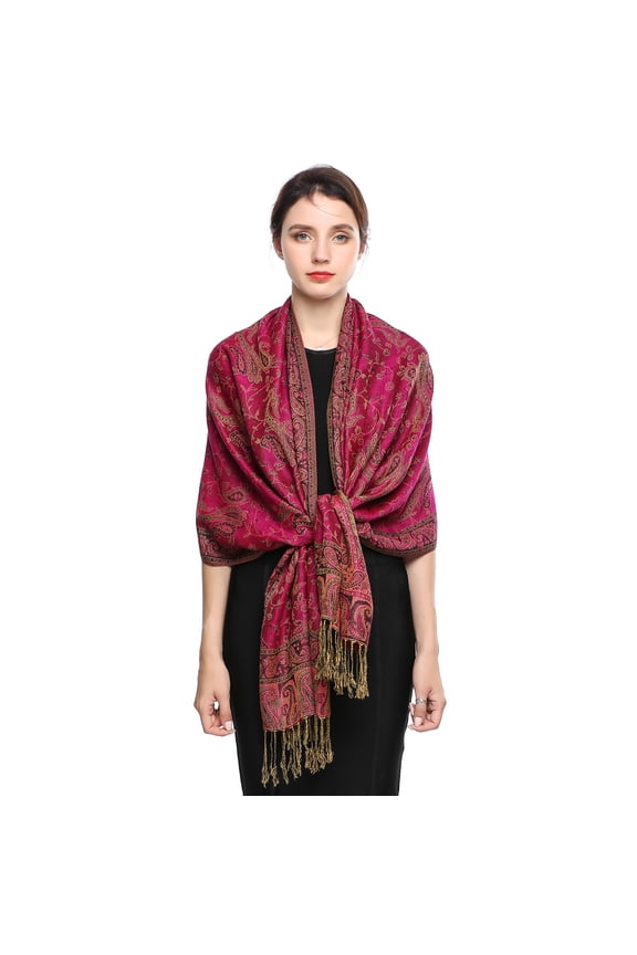 Pashmina Scarf Rave Women Scarves Luxury Paisley Shawl with Fringe Reversible Large Blanket Wrap 78.5" X27.5"(Fuchsia Red)