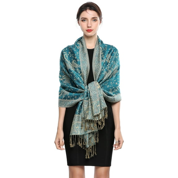 Pashmina Scarf Rave Women Scarves Luxury Paisley Shawl with Fringe Reversible Large Blanket Wrap 78.5" X27.5"(Light Peacock Blue)