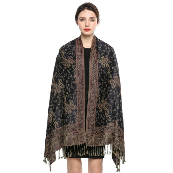 Pashmina Scarf Rave Women Scarves Luxury Paisley Shawl with Fringe Reversible Large Blanket Wrap 78.5" X27.5"(Navy)