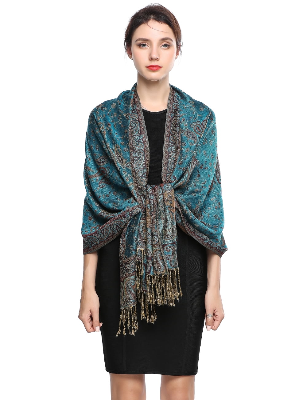 Pashmina Scarf Rave Women Scarves Luxury Paisley Shawl with Fringe Reversible Large Blanket Wrap 78.5" X27.5"(Peacock Blue)