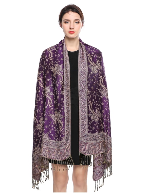 Pashmina Scarf Rave Women Scarves Luxury Paisley Shawl with Fringe Reversible Large Blanket Wrap 78.5" X27.5"(Purple)