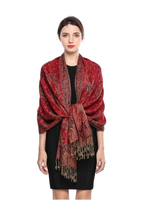 Pashmina Scarf Rave Women Scarves Luxury Paisley Shawl with Fringe Reversible Large Blanket Wrap 78.5" X27.5"(Red)