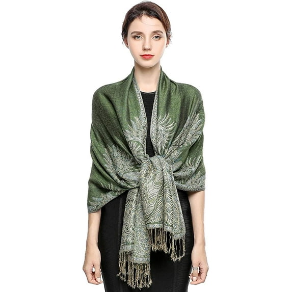 Pashmina Scarf Women Luxury Reversible Shawl Paisley Wrap Blanket Rave Scarves with Fringes 78.5'' X 27.5''(Green)