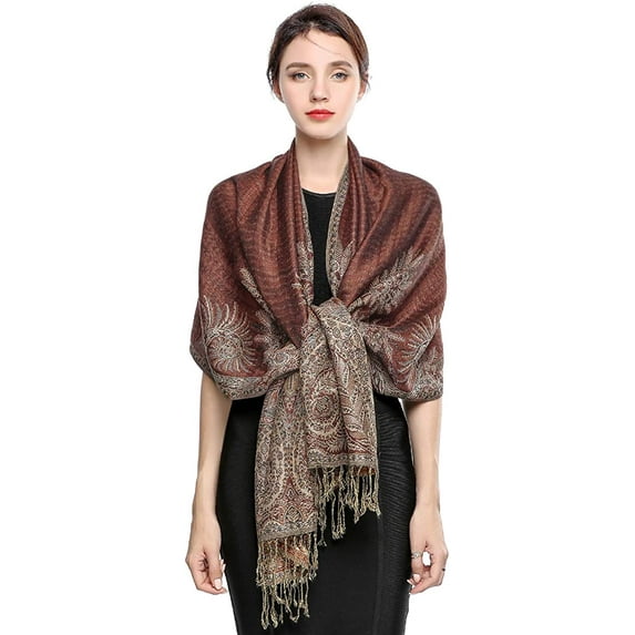 Pashmina Scarf Women Luxury Reversible Shawl Paisley Wrap Blanket Rave Scarves with Fringes 78.5'' X 27.5''(Red Brown)