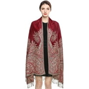 Pashmina Scarf Women Luxury Reversible Shawl Paisley Wrap Blanket Rave Scarves with Fringes 78.5'' X 27.5''(Red)