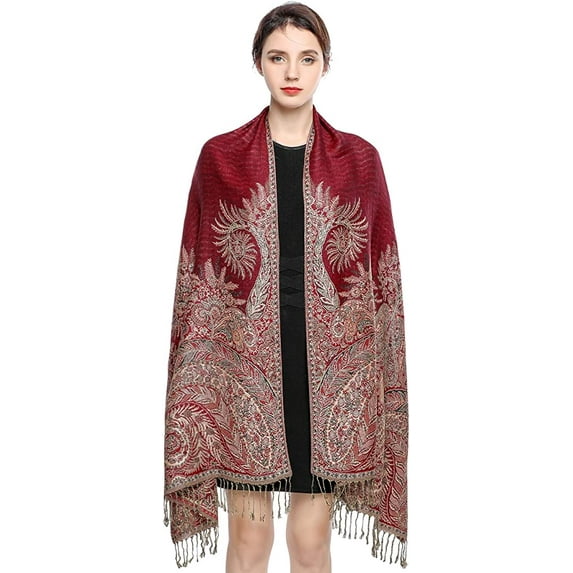 Pashmina Scarf Women Luxury Reversible Shawl Paisley Wrap Blanket Rave Scarves with Fringes 78.5'' X 27.5''(Red)