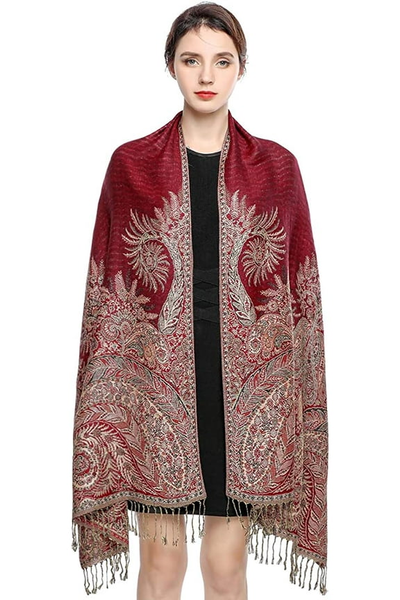 Pashmina Scarf Women Luxury Reversible Shawl Paisley Wrap Blanket Rave Scarves with Fringes 78.5'' X 27.5''(Red)