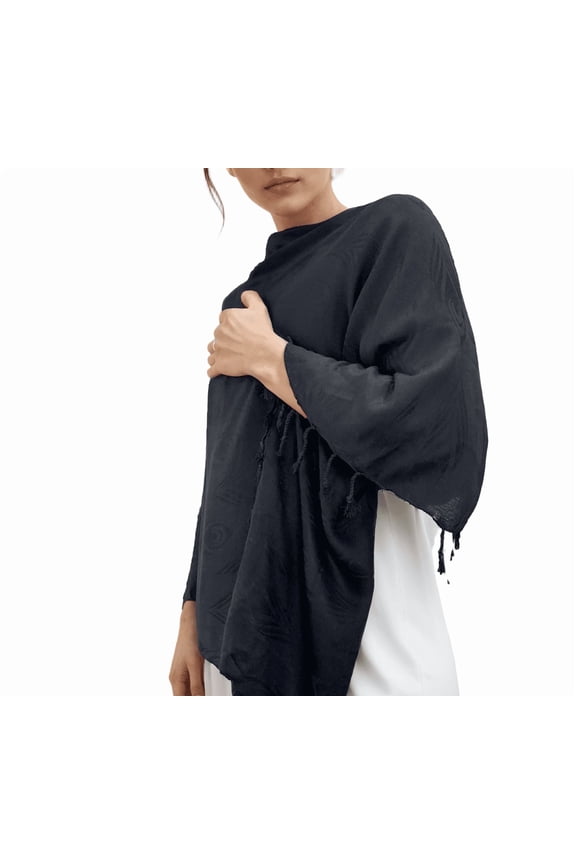 Reversible Design Women's Silk Wool Blend Shawl Scarf Wrap, Black, Peacock
