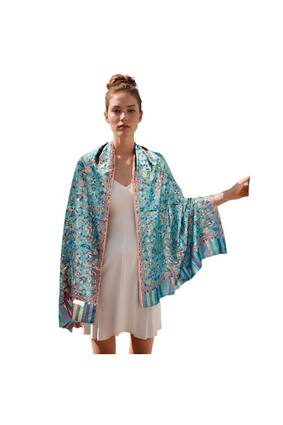 Reversible Design Silk Wool Blend Travel Pashmina Shawl Wrap Scarf, Green