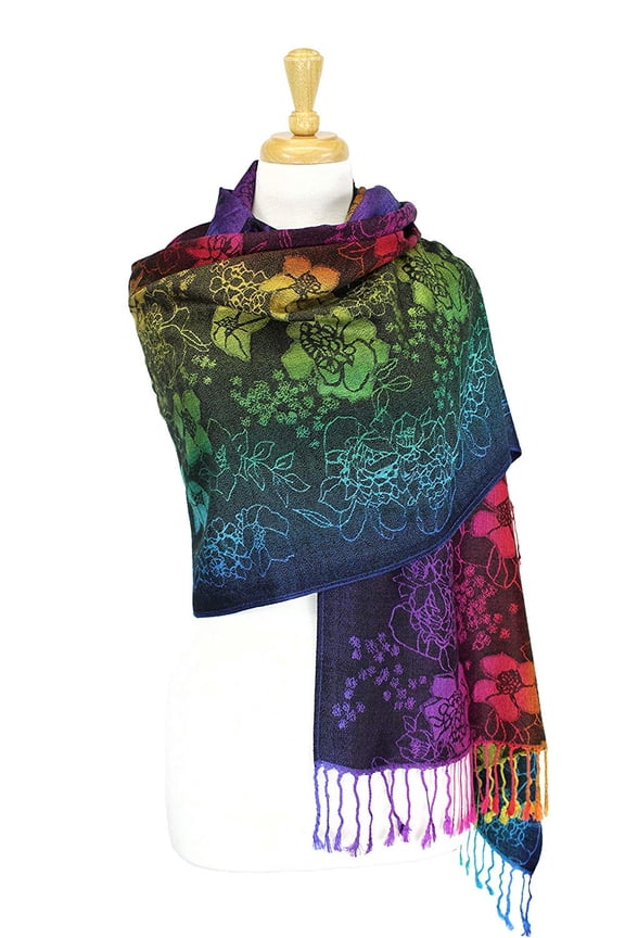 Wrap Shawl Scarf Double Side Rainbow Silky Exotic Tropical Colorful
